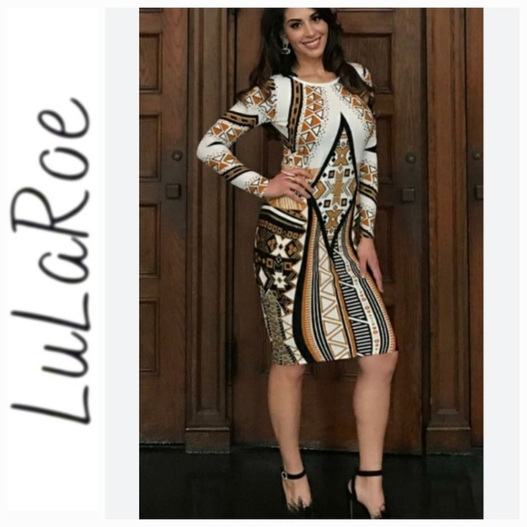 LuLaRoe Dresses & Skirts - LuLaRoe Gold Label Debbie Geometric Print Dress Black, White, Brown & Gold